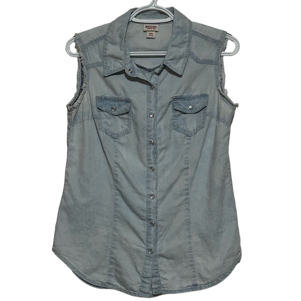 Mossimo Supply Co Women's Light Blue Sleeveless Jean Shirt Pearl Buttons Size M‎